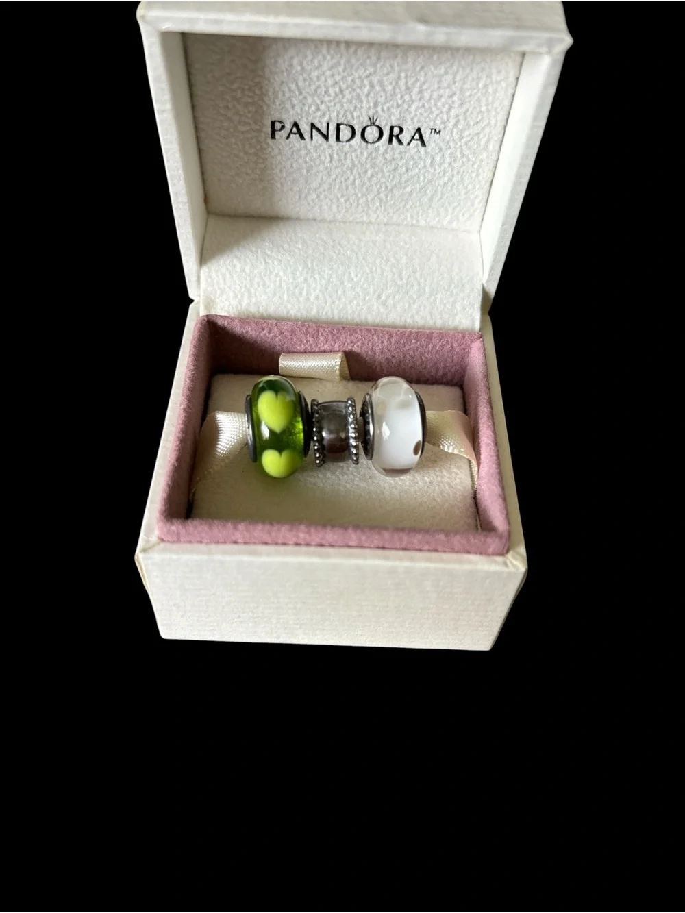Pandora Green and White Glass Charm Trio